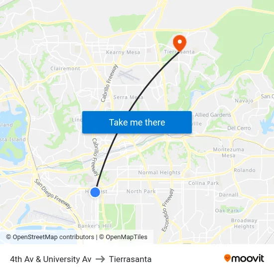 4th Av & University Av to Tierrasanta map