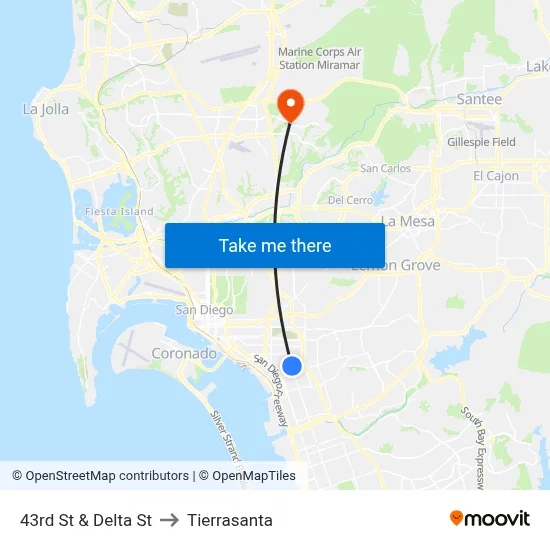 43rd St & Delta St to Tierrasanta map