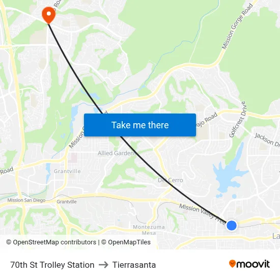 70th St Trolley Station to Tierrasanta map