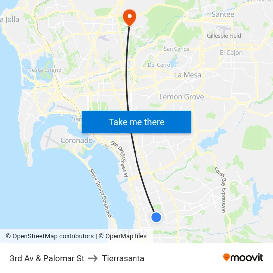 3rd Av & Palomar St to Tierrasanta map