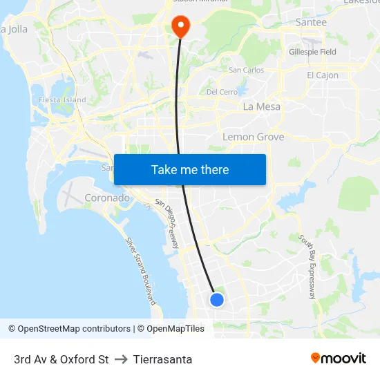3rd Av & Oxford St to Tierrasanta map