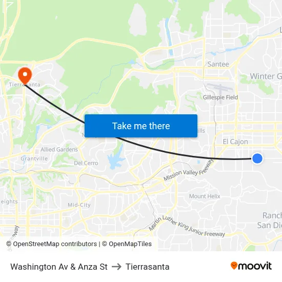 Washington Av & Anza St to Tierrasanta map