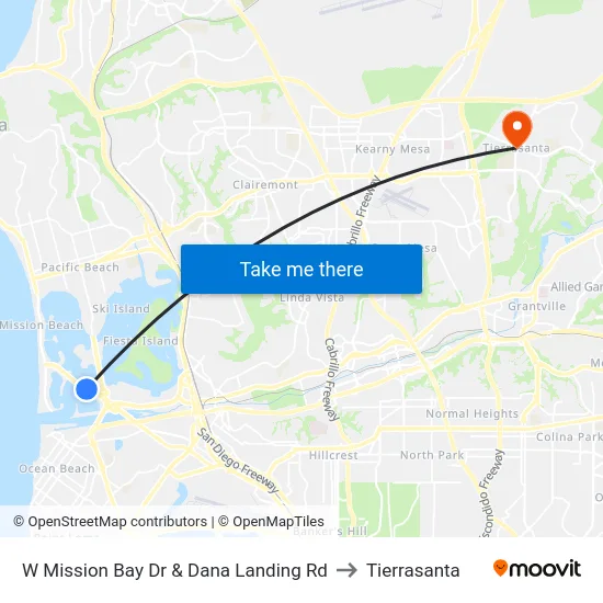 W Mission Bay Dr & Dana Landing Rd to Tierrasanta map