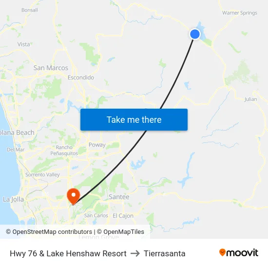 Hwy 76 & Lake Henshaw Resort to Tierrasanta map