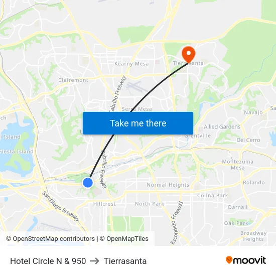 Hotel Circle N & 950 to Tierrasanta map