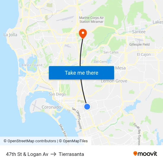 47th St & Logan Av to Tierrasanta map