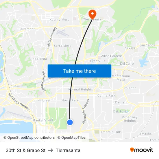 30th St & Grape St to Tierrasanta map