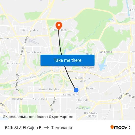 54th St & El Cajon Bl to Tierrasanta map