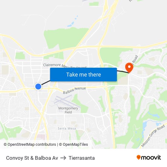 Convoy St & Balboa Av to Tierrasanta map