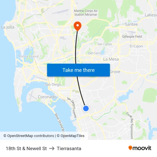 18th St & Newell St to Tierrasanta map