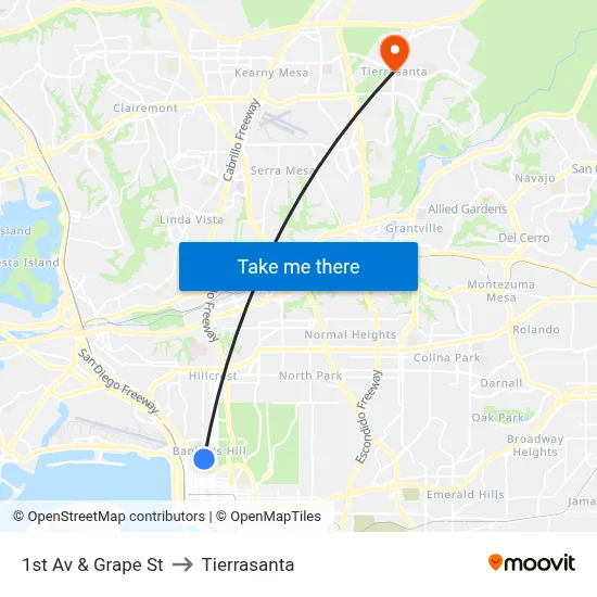 1st Av & Grape St to Tierrasanta map