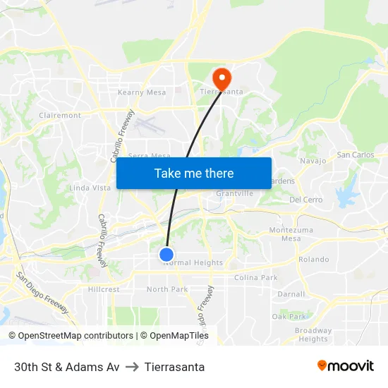 30th St & Adams Av to Tierrasanta map