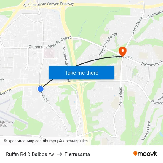 Ruffin Rd & Balboa Av to Tierrasanta map