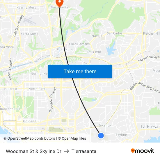 Woodman St & Skyline Dr to Tierrasanta map
