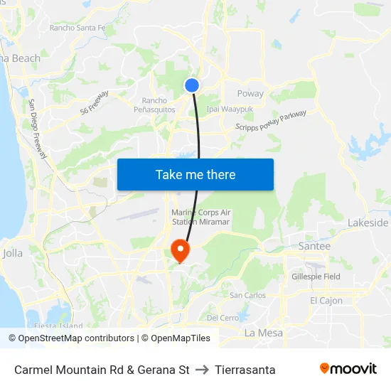Carmel Mountain Rd & Gerana St to Tierrasanta map