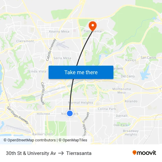 30th St & University Av to Tierrasanta map