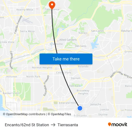 Encanto/62nd St Station to Tierrasanta map
