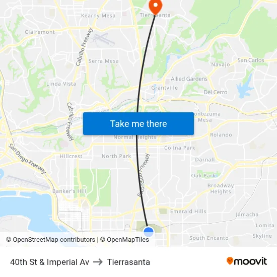 40th St & Imperial Av to Tierrasanta map