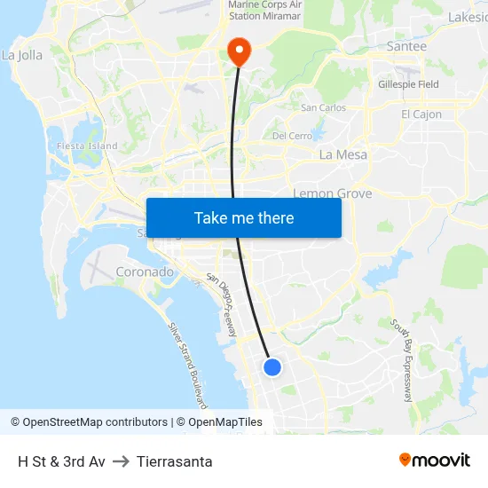 H St & 3rd Av to Tierrasanta map