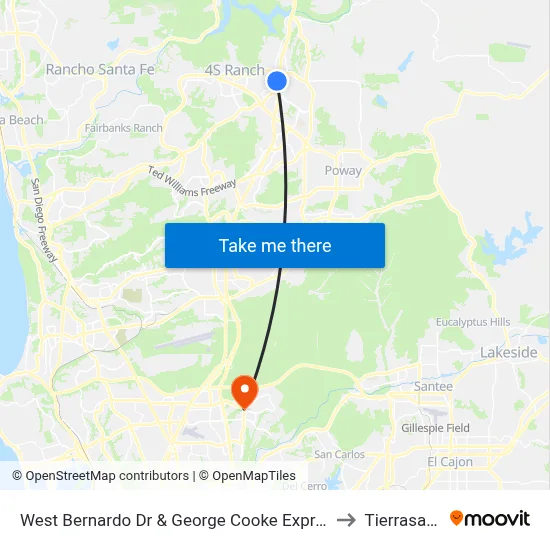 West Bernardo Dr & George Cooke Express Dr to Tierrasanta map