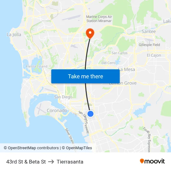 43rd St & Beta St to Tierrasanta map
