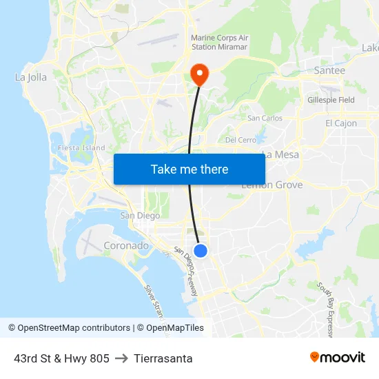 43rd St & Hwy 805 to Tierrasanta map