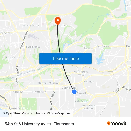 54th St & University Av to Tierrasanta map