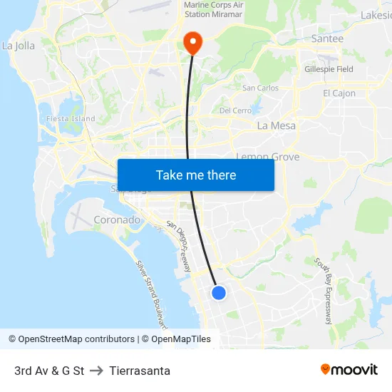 3rd Av & G St to Tierrasanta map
