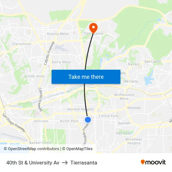 40th St & University Av to Tierrasanta map