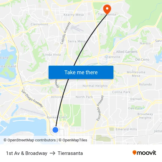 1st Av & Broadway to Tierrasanta map
