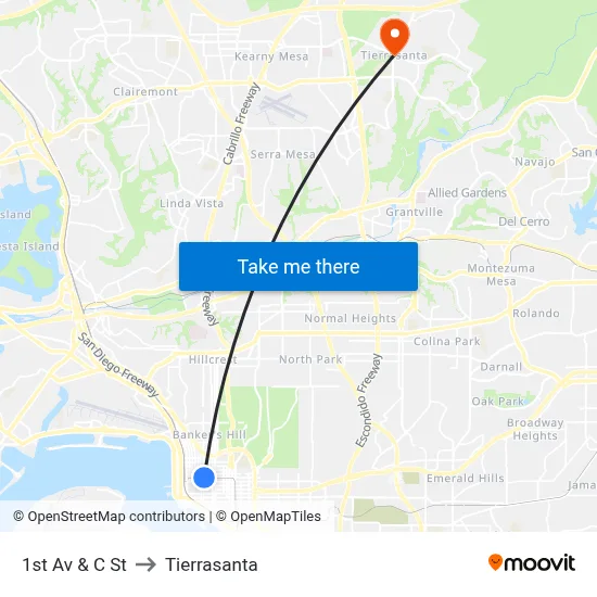 1st Av & C St to Tierrasanta map