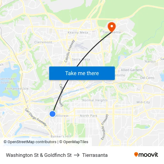 Washington St & Goldfinch St to Tierrasanta map