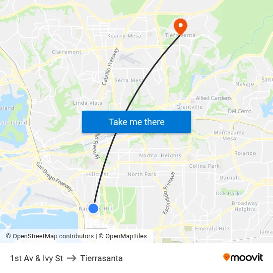 1st Av & Ivy St to Tierrasanta map