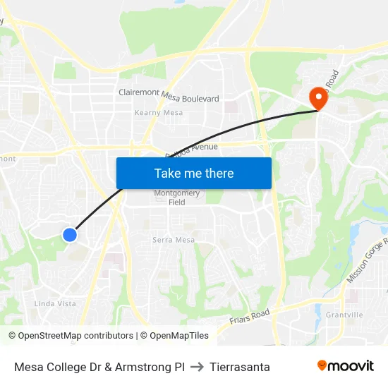 Mesa College Dr & Armstrong Pl to Tierrasanta map