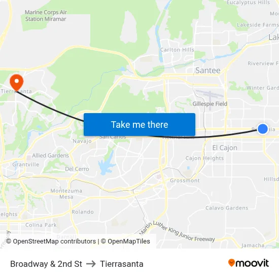 Broadway & 2nd St to Tierrasanta map