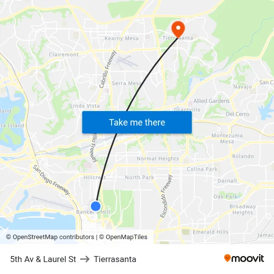 5th Av & Laurel St to Tierrasanta map