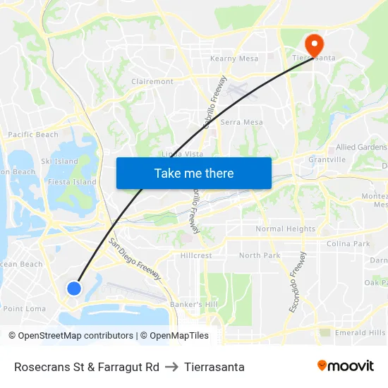 Rosecrans St & Farragut Rd to Tierrasanta map