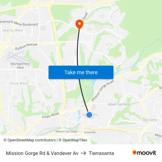 Mission Gorge Rd & Vandever Av to Tierrasanta map