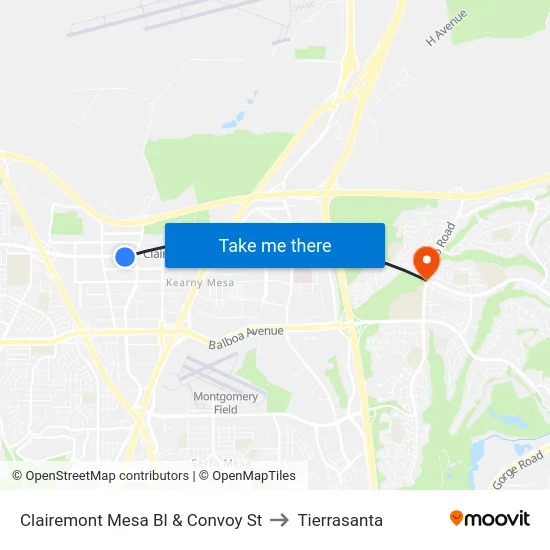 Clairemont Mesa Bl & Convoy St to Tierrasanta map