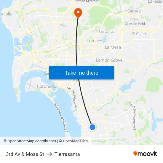 3rd Av & Moss St to Tierrasanta map