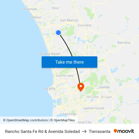 Rancho Santa Fe Rd & Avenida Soledad to Tierrasanta map