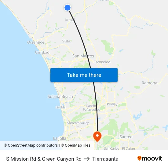 S Mission Rd & Green Canyon Rd to Tierrasanta map