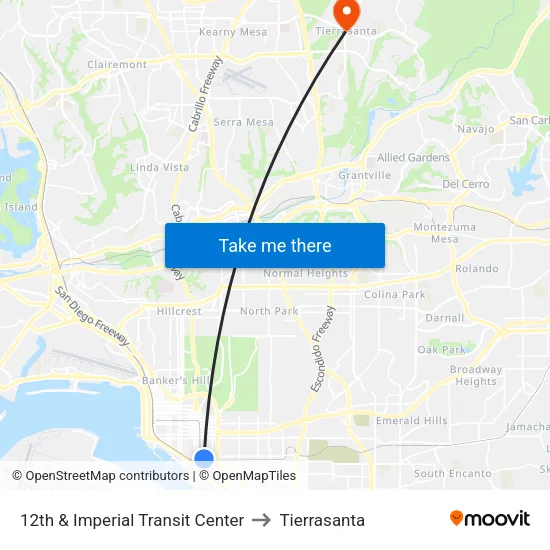 12th & Imperial Transit Center to Tierrasanta map