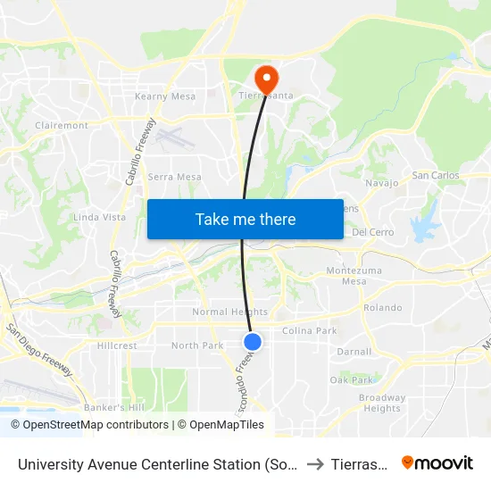 University Avenue Centerline Station (Southbound) to Tierrasanta map