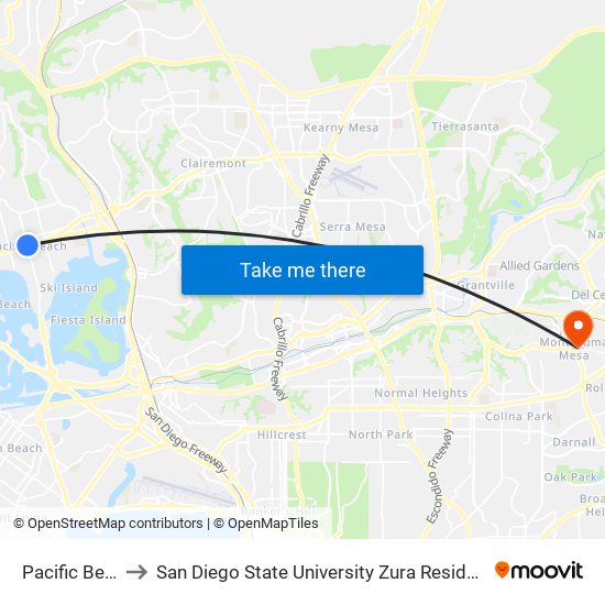 Pacific Beach to San Diego State University Zura Residence Hall map