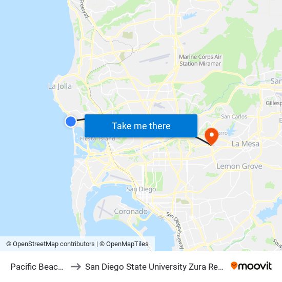 Pacific Beach Park to San Diego State University Zura Residence Hall map