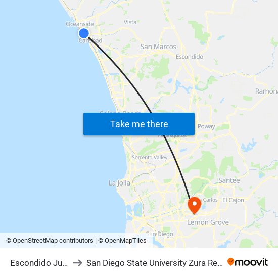 Escondido Junction to San Diego State University Zura Residence Hall map