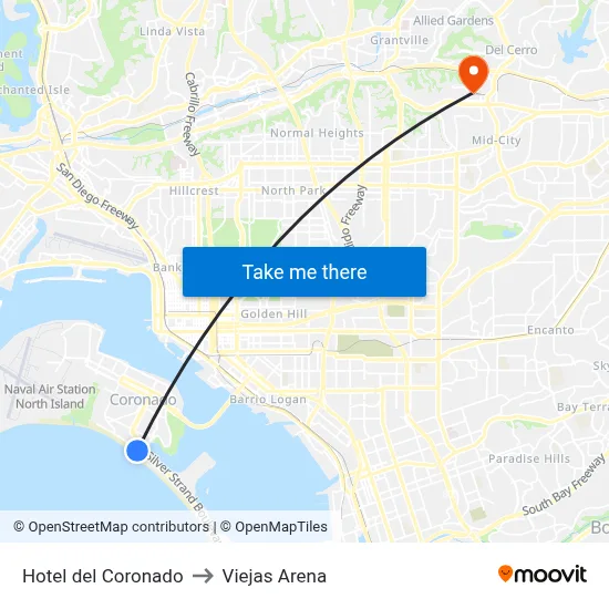 Hotel del Coronado to Viejas Arena map