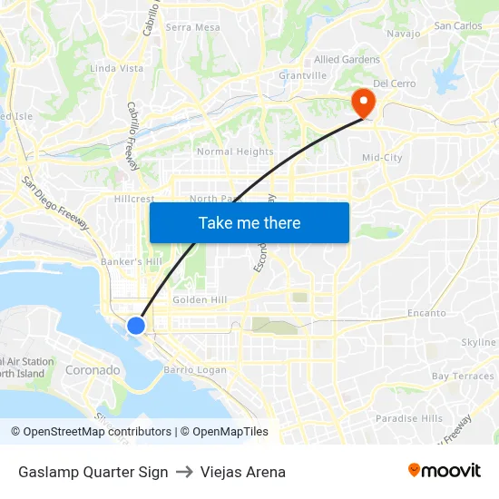Gaslamp Quarter Sign to Viejas Arena map