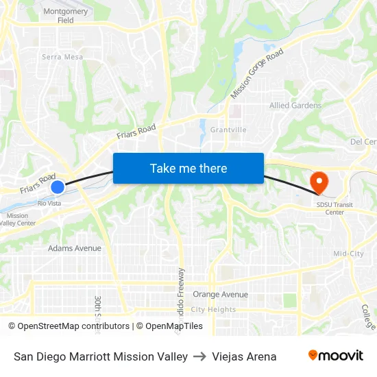 San Diego Marriott Mission Valley to Viejas Arena map